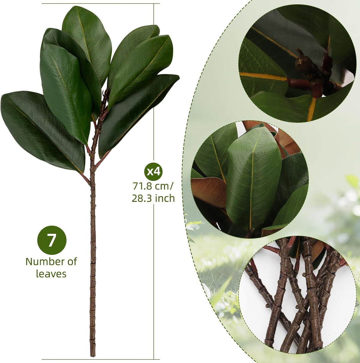 Magnolia Artificial Leaves Branches 22 Inch 3D Real Touch Faux Magnolia Stems Fake Magnolia Twigs for Indoor Outdoor Vase Filling Home Wedding Floral Arrangement Decoration