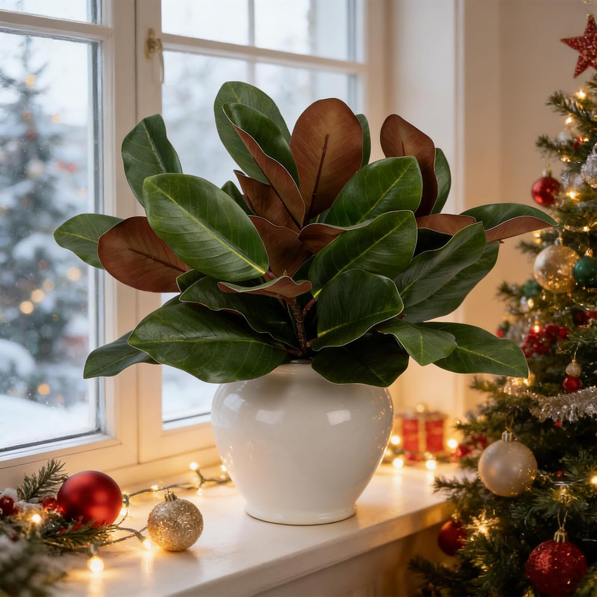 Magnolia Artificial Leaves Branches 22 Inch 3D Real Touch Faux Magnolia Stems Fake Magnolia Twigs for Indoor Outdoor Vase Filling Home Wedding Floral Arrangement Decoration