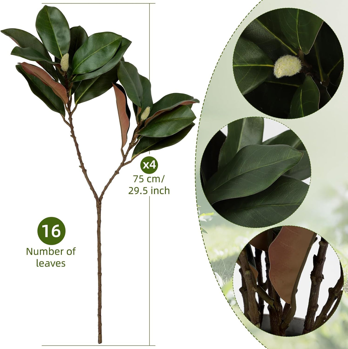 Magnolia Artificial Leaves Branches 22 Inch 3D Real Touch Faux Magnolia Stems Fake Magnolia Twigs for Indoor Outdoor Vase Filling Home Wedding Floral Arrangement Decoration