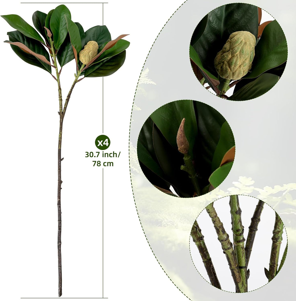 Magnolia Artificial Leaves Branches 22 Inch 3D Real Touch Faux Magnolia Stems Fake Magnolia Twigs for Indoor Outdoor Vase Filling Home Wedding Floral Arrangement Decoration