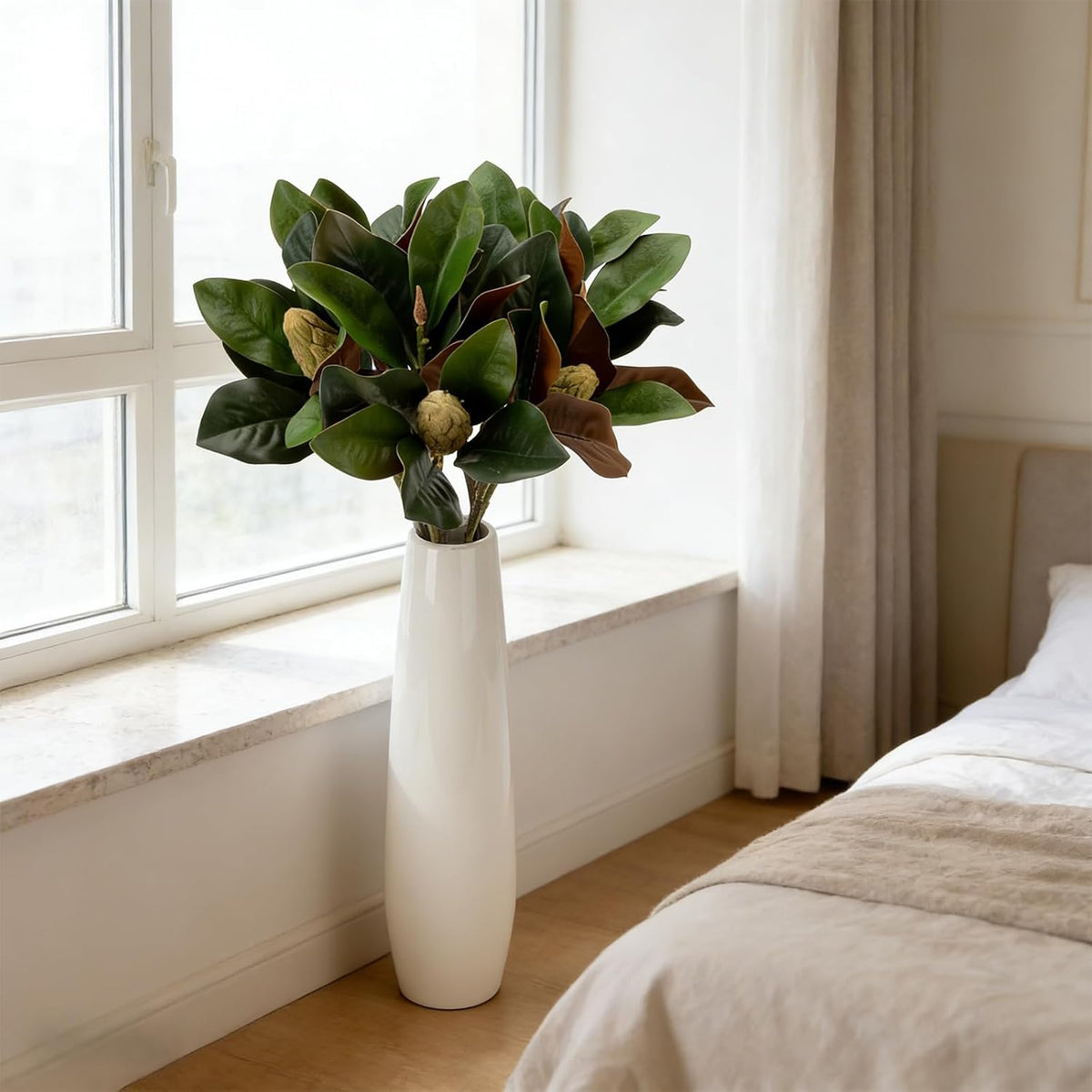 Magnolia Artificial Leaves Branches 22 Inch 3D Real Touch Faux Magnolia Stems Fake Magnolia Twigs for Indoor Outdoor Vase Filling Home Wedding Floral Arrangement Decoration