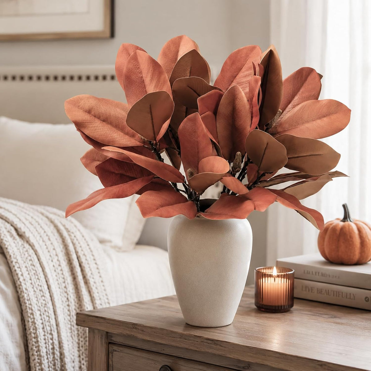 Magnolia Artificial Leaves Branches 22 Inch 3D Real Touch Faux Magnolia Stems Fake Magnolia Twigs for Indoor Outdoor Vase Filling Home Wedding Floral Arrangement Decoration