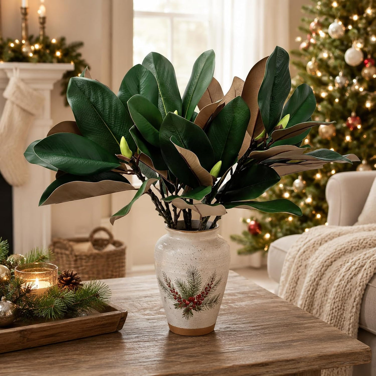 Magnolia Artificial Leaves Branches 22 Inch 3D Real Touch Faux Magnolia Stems Fake Magnolia Twigs for Indoor Outdoor Vase Filling Home Wedding Floral Arrangement Decoration