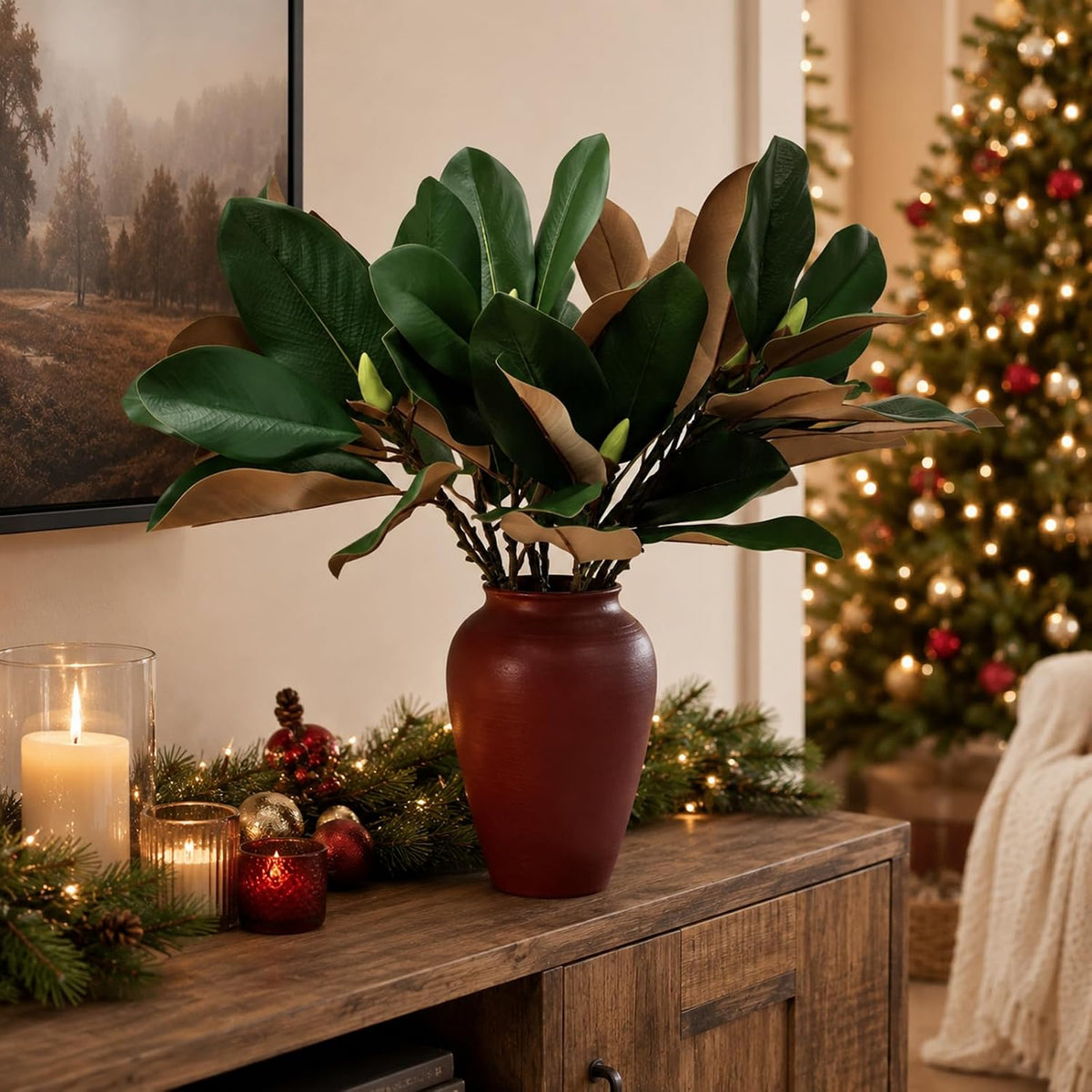 Magnolia Artificial Leaves Branches 22 Inch 3D Real Touch Faux Magnolia Stems Fake Magnolia Twigs for Indoor Outdoor Vase Filling Home Wedding Floral Arrangement Decoration
