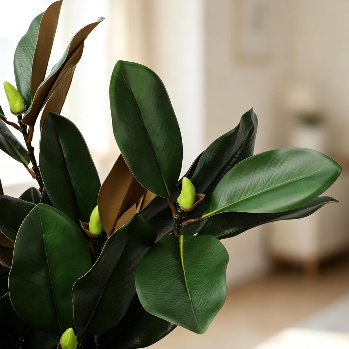 Magnolia Artificial Leaves Branches 22 Inch 3D Real Touch Faux Magnolia Stems Fake Magnolia Twigs for Indoor Outdoor Vase Filling Home Wedding Floral Arrangement Decoration