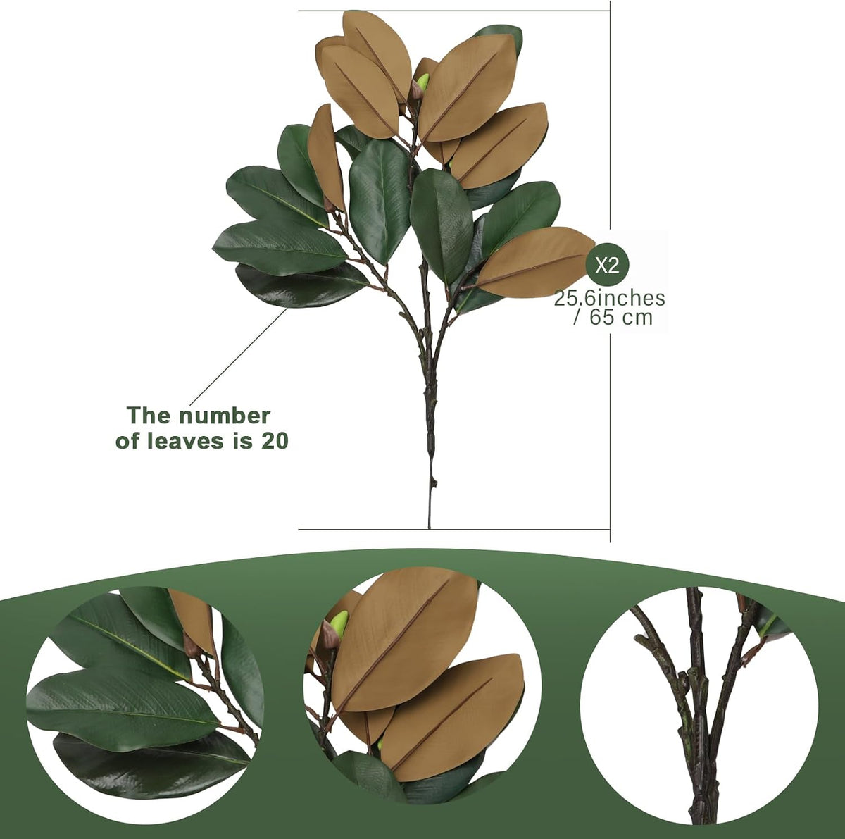 Magnolia Artificial Leaves Branches 22 Inch 3D Real Touch Faux Magnolia Stems Fake Magnolia Twigs for Indoor Outdoor Vase Filling Home Wedding Floral Arrangement Decoration