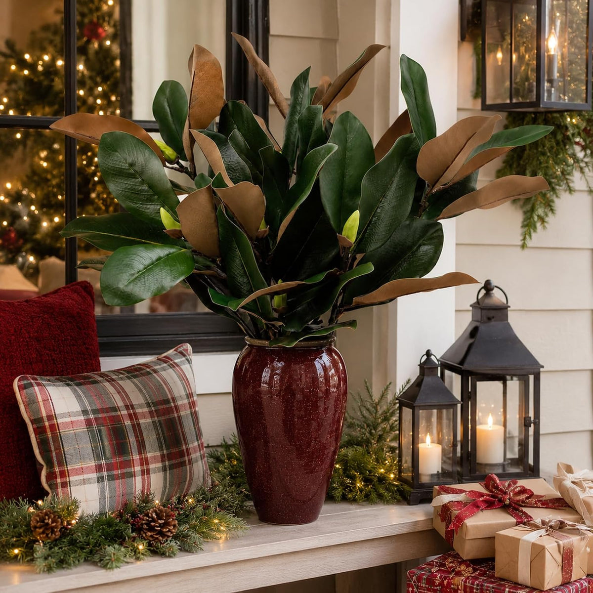 Magnolia Artificial Leaves Branches 22 Inch 3D Real Touch Faux Magnolia Stems Fake Magnolia Twigs for Indoor Outdoor Vase Filling Home Wedding Floral Arrangement Decoration