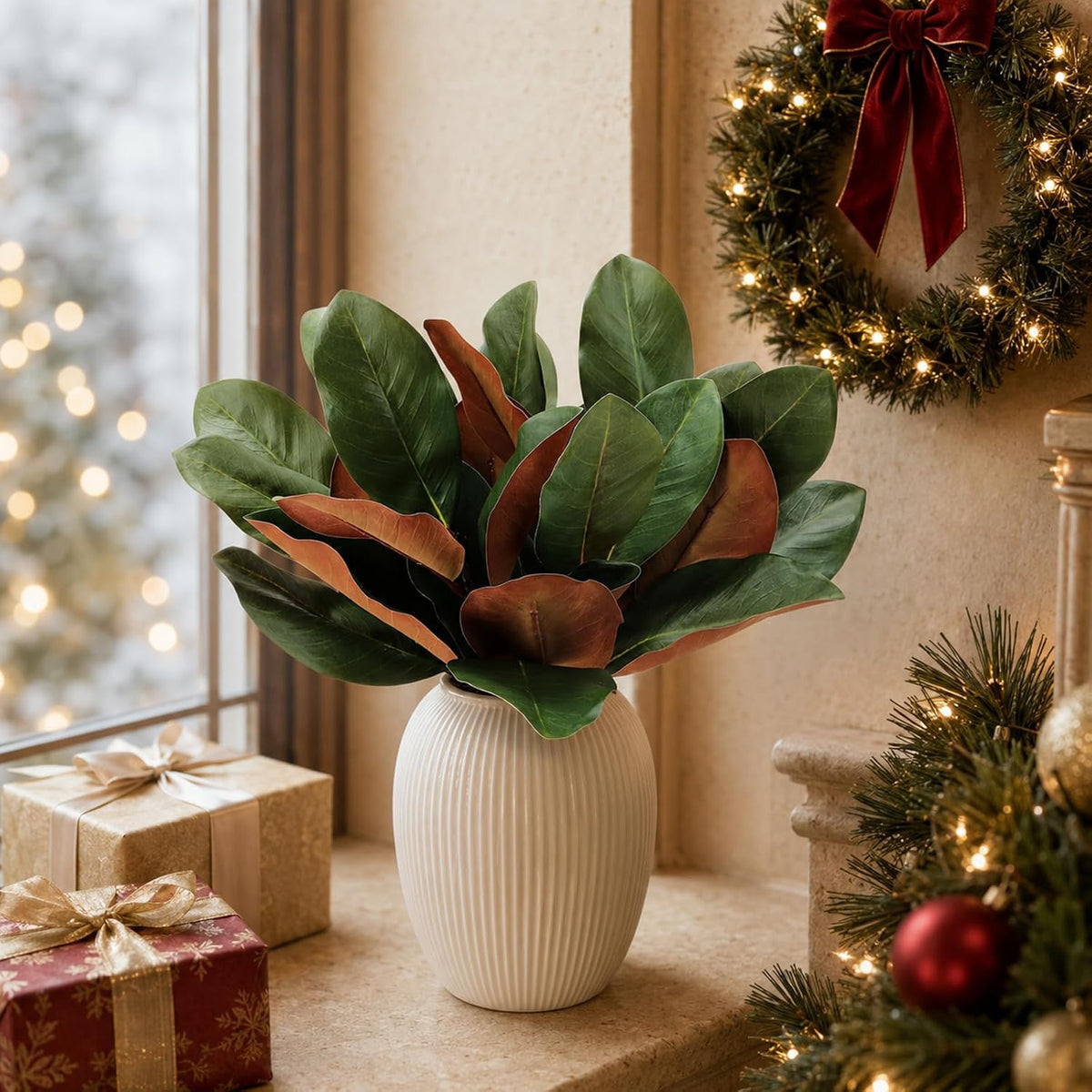 Magnolia Artificial Leaves Branches 22 Inch 3D Real Touch Faux Magnolia Stems Fake Magnolia Twigs for Indoor Outdoor Vase Filling Home Wedding Floral Arrangement Decoration
