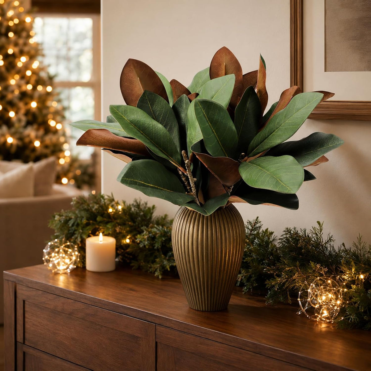 Magnolia Artificial Leaves Branches 22 Inch 3D Real Touch Faux Magnolia Stems Fake Magnolia Twigs for Indoor Outdoor Vase Filling Home Wedding Floral Arrangement Decoration