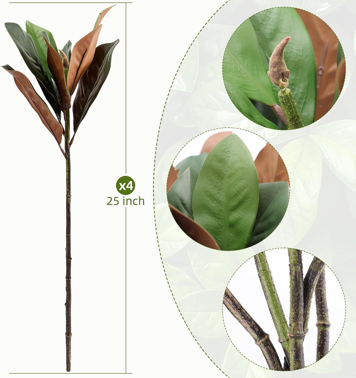 Magnolia Artificial Leaves Branches 22 Inch 3D Real Touch Faux Magnolia Stems Fake Magnolia Twigs for Indoor Outdoor Vase Filling Home Wedding Floral Arrangement Decoration