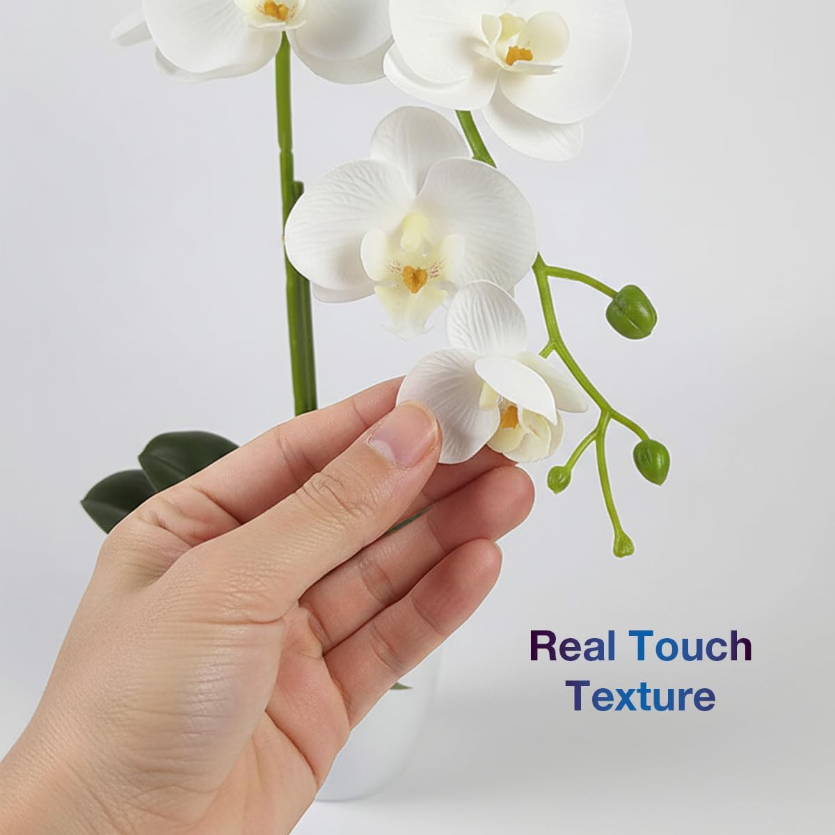 Artificial Orchid Flowers in Pot, 17" Real Touch Phalaenopsis Faux Orchid Plant (Adjustable to 20"), Large White/Pink Fake Flower Arrangement for Dining Table Centerpiece, Home Office (White)