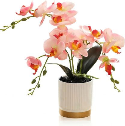 Artificial Orchid Flowers in Pot, 17" Real Touch Phalaenopsis Faux Orchid Plant (Adjustable to 20"), Large White/Pink Fake Flower Arrangement for Dining Table Centerpiece, Home Office (White)
