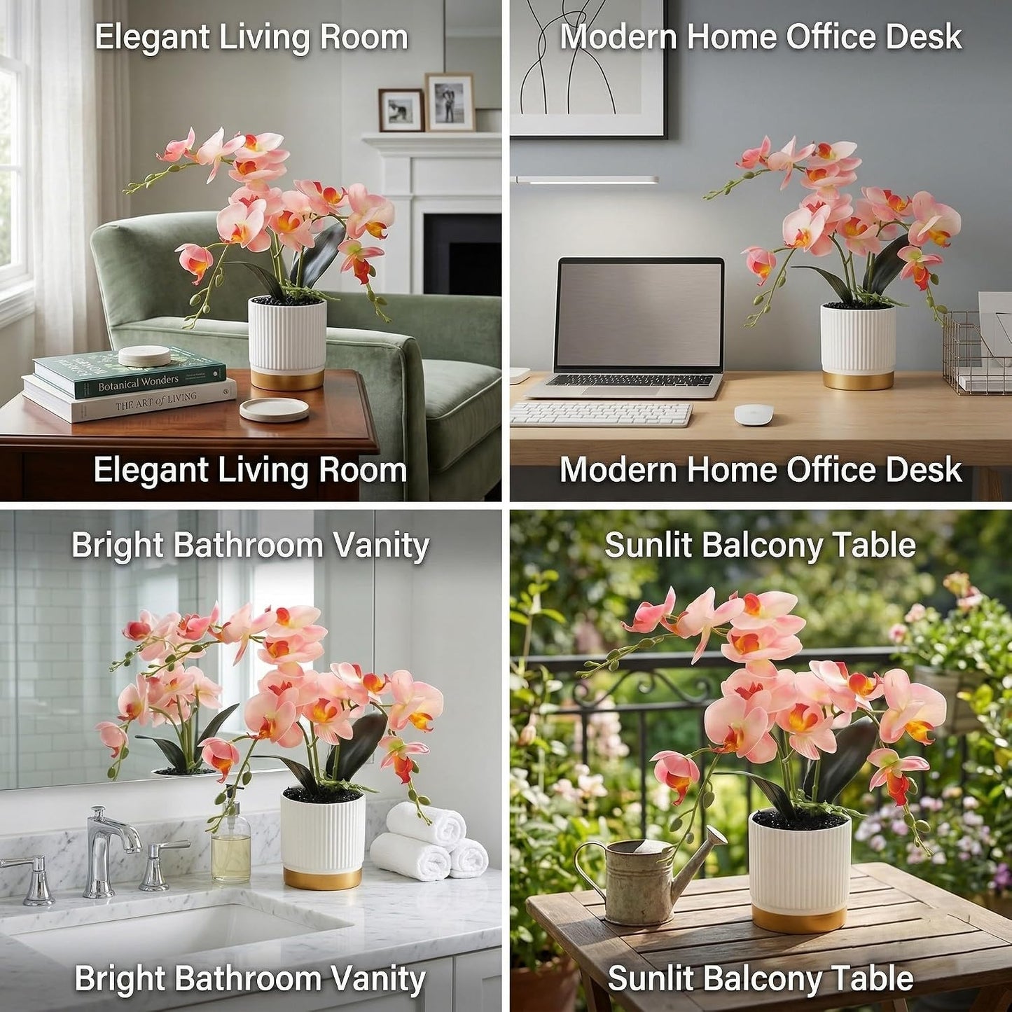 Artificial Orchid Flowers in Pot, 17" Real Touch Phalaenopsis Faux Orchid Plant (Adjustable to 20"), Large White/Pink Fake Flower Arrangement for Dining Table Centerpiece, Home Office (White)