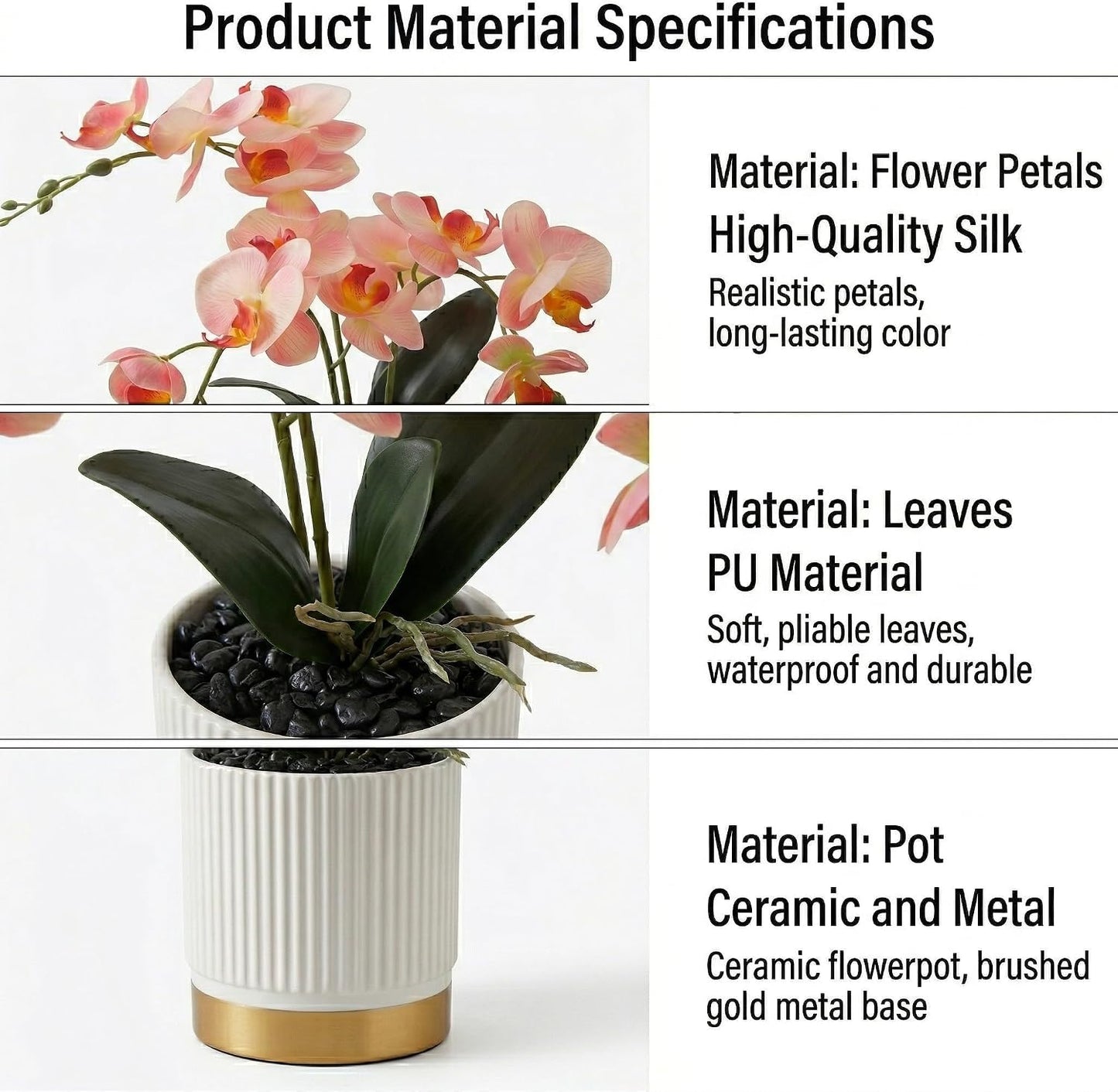 Artificial Orchid Flowers in Pot, 17" Real Touch Phalaenopsis Faux Orchid Plant (Adjustable to 20"), Large White/Pink Fake Flower Arrangement for Dining Table Centerpiece, Home Office (White)