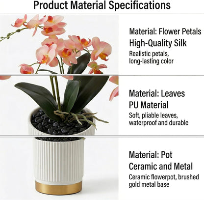 Artificial Orchid Flowers in Pot, 17" Real Touch Phalaenopsis Faux Orchid Plant (Adjustable to 20"), Large White/Pink Fake Flower Arrangement for Dining Table Centerpiece, Home Office (White)