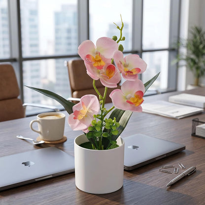 Artificial Orchid Flowers in Pot, 17" Real Touch Phalaenopsis Faux Orchid Plant (Adjustable to 20"), Large White/Pink Fake Flower Arrangement for Dining Table Centerpiece, Home Office (White)