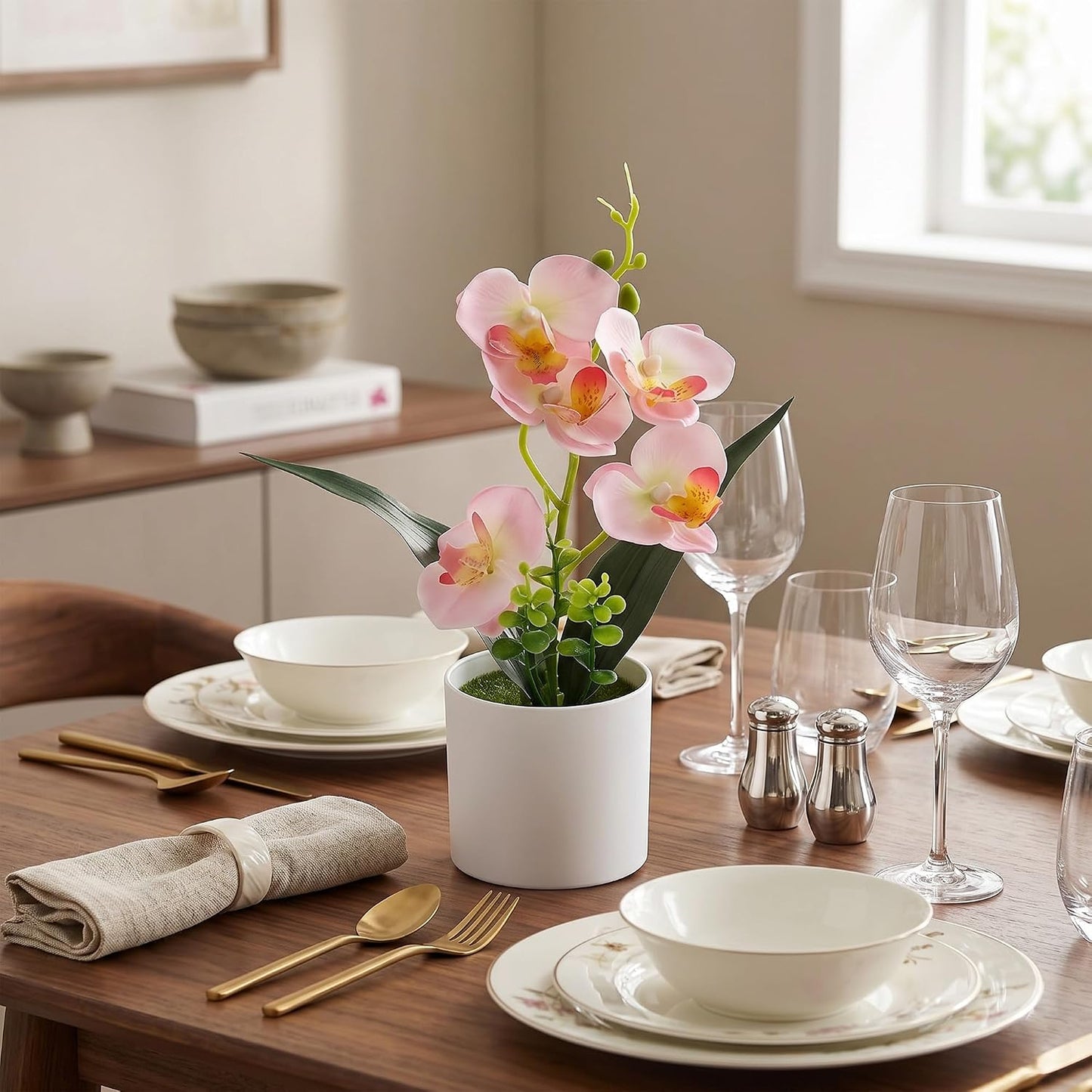Artificial Orchid Flowers in Pot, 17" Real Touch Phalaenopsis Faux Orchid Plant (Adjustable to 20"), Large White/Pink Fake Flower Arrangement for Dining Table Centerpiece, Home Office (White)