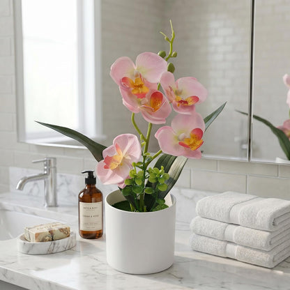 Artificial Orchid Flowers in Pot, 17" Real Touch Phalaenopsis Faux Orchid Plant (Adjustable to 20"), Large White/Pink Fake Flower Arrangement for Dining Table Centerpiece, Home Office (White)