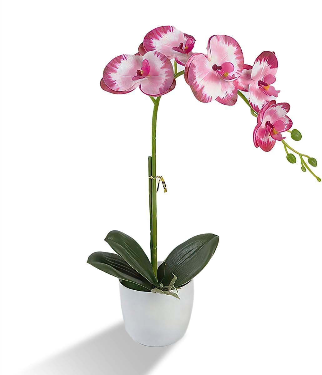 Artificial Orchid Flowers in Pot, 17" Real Touch Phalaenopsis Faux Orchid Plant (Adjustable to 20"), Large White/Pink Fake Flower Arrangement for Dining Table Centerpiece, Home Office (White)