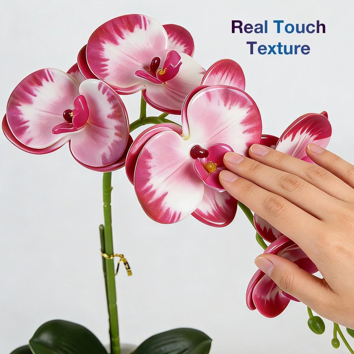 Artificial Orchid Flowers in Pot, 17" Real Touch Phalaenopsis Faux Orchid Plant (Adjustable to 20"), Large White/Pink Fake Flower Arrangement for Dining Table Centerpiece, Home Office (White)