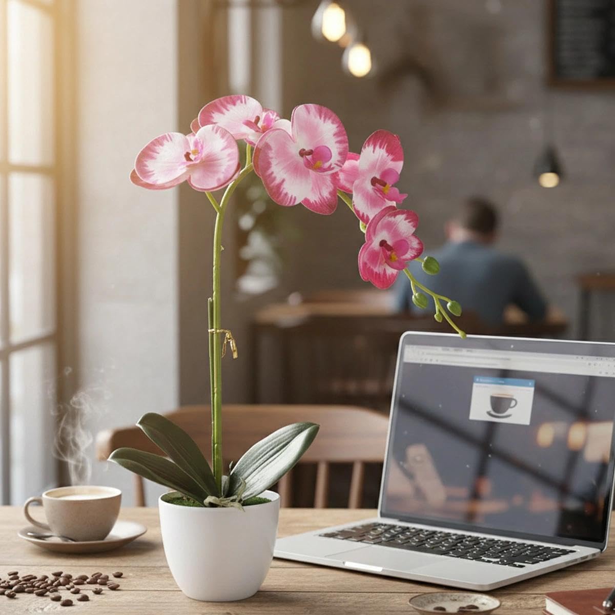 Artificial Orchid Flowers in Pot, 17" Real Touch Phalaenopsis Faux Orchid Plant (Adjustable to 20"), Large White/Pink Fake Flower Arrangement for Dining Table Centerpiece, Home Office (White)