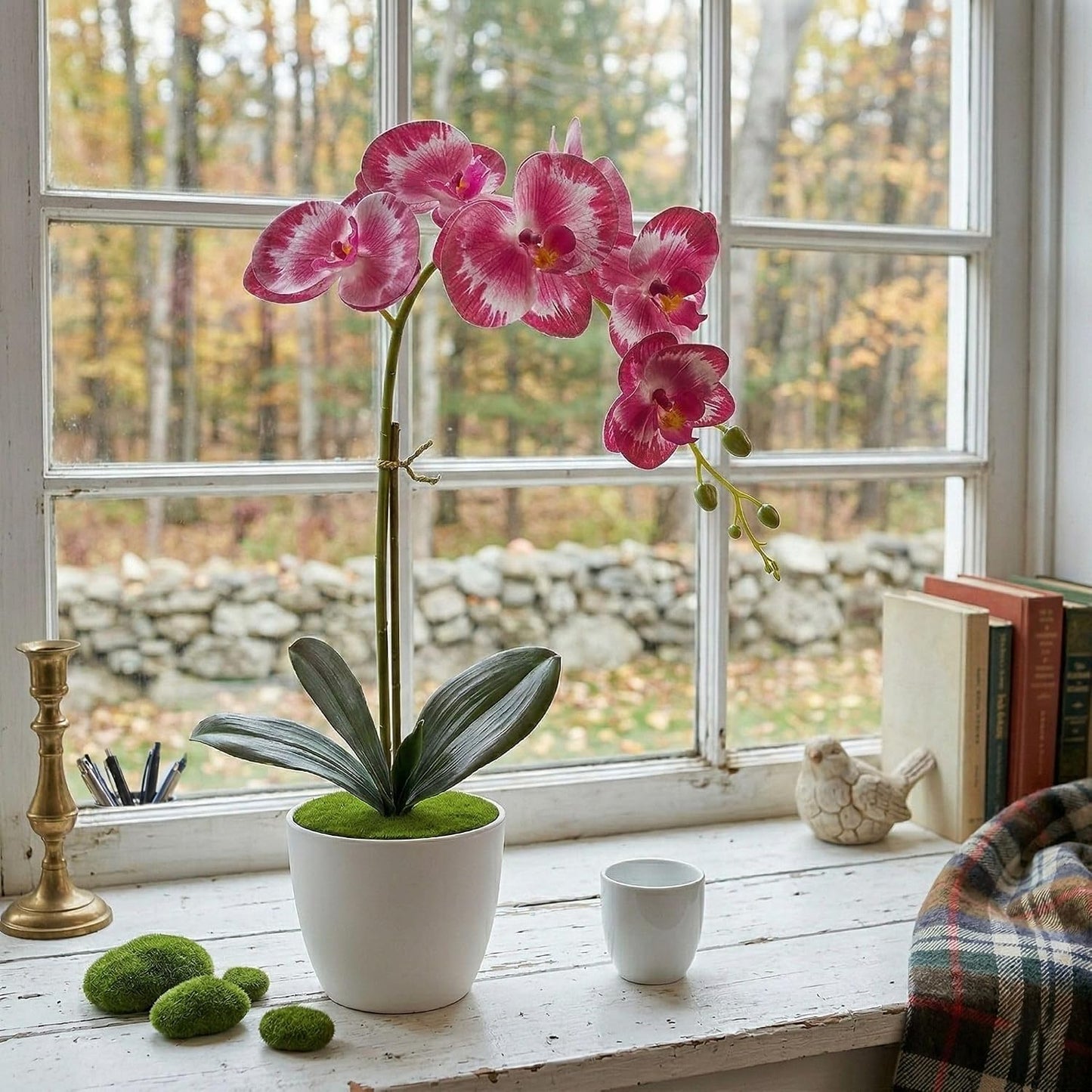 Artificial Orchid Flowers in Pot, 17" Real Touch Phalaenopsis Faux Orchid Plant (Adjustable to 20"), Large White/Pink Fake Flower Arrangement for Dining Table Centerpiece, Home Office (White)