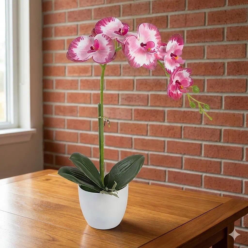 Artificial Orchid Flowers in Pot, 17" Real Touch Phalaenopsis Faux Orchid Plant (Adjustable to 20"), Large White/Pink Fake Flower Arrangement for Dining Table Centerpiece, Home Office (White)