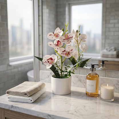 Artificial Orchid Flowers in Pot, 17" Real Touch Phalaenopsis Faux Orchid Plant (Adjustable to 20"), Large White/Pink Fake Flower Arrangement for Dining Table Centerpiece, Home Office (White)