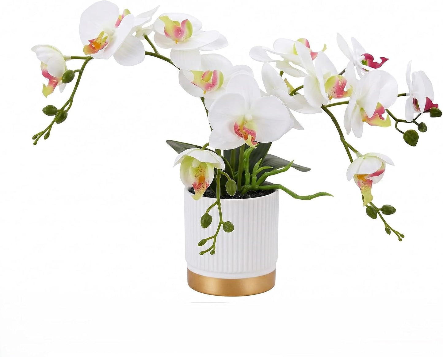 Artificial Orchid Flowers in Pot, 17" Real Touch Phalaenopsis Faux Orchid Plant (Adjustable to 20"), Large White/Pink Fake Flower Arrangement for Dining Table Centerpiece, Home Office (White)