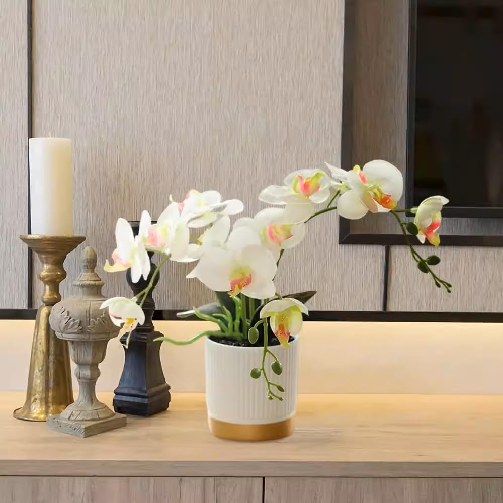 Artificial Orchid Flowers in Pot, 17" Real Touch Phalaenopsis Faux Orchid Plant (Adjustable to 20"), Large White/Pink Fake Flower Arrangement for Dining Table Centerpiece, Home Office (White)