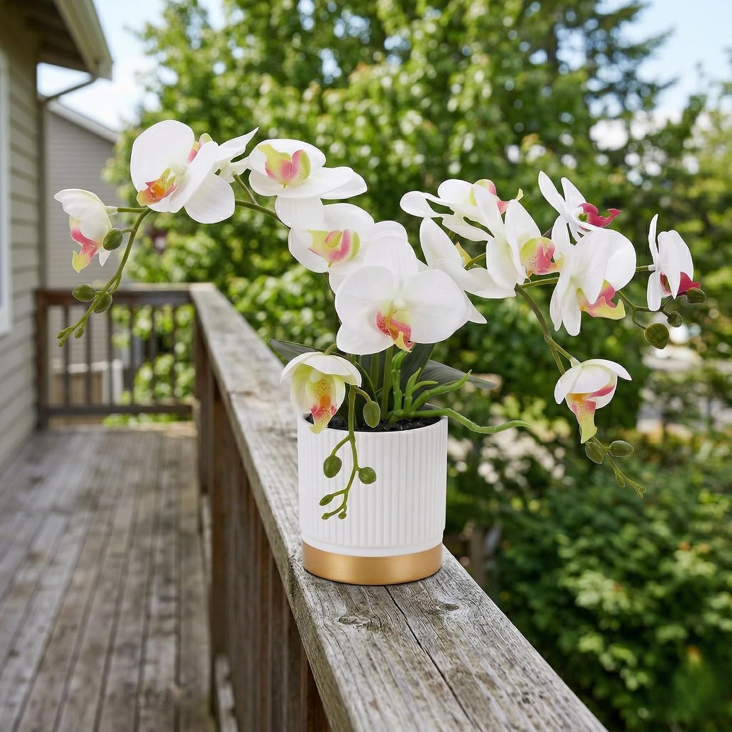 Artificial Orchid Flowers in Pot, 17" Real Touch Phalaenopsis Faux Orchid Plant (Adjustable to 20"), Large White/Pink Fake Flower Arrangement for Dining Table Centerpiece, Home Office (White)