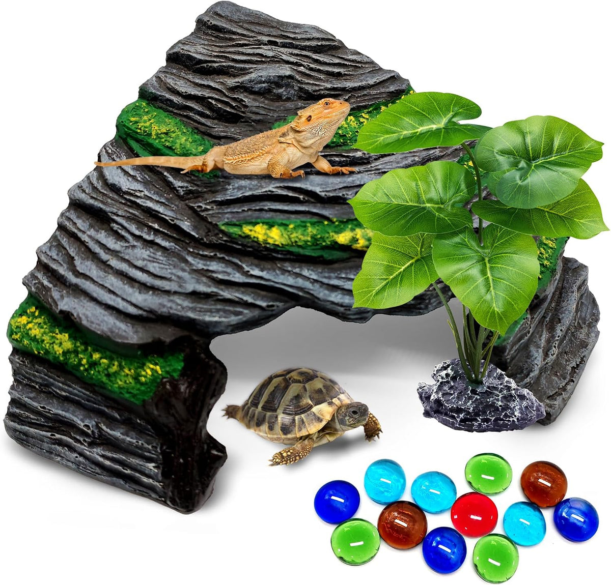 Reptile Hideout Cave,Turtle Tank Accessories Decor,Basking Platform for Bearded Dragon,Snake and Leopard Gecko.(Grey Hill-M-Kit)