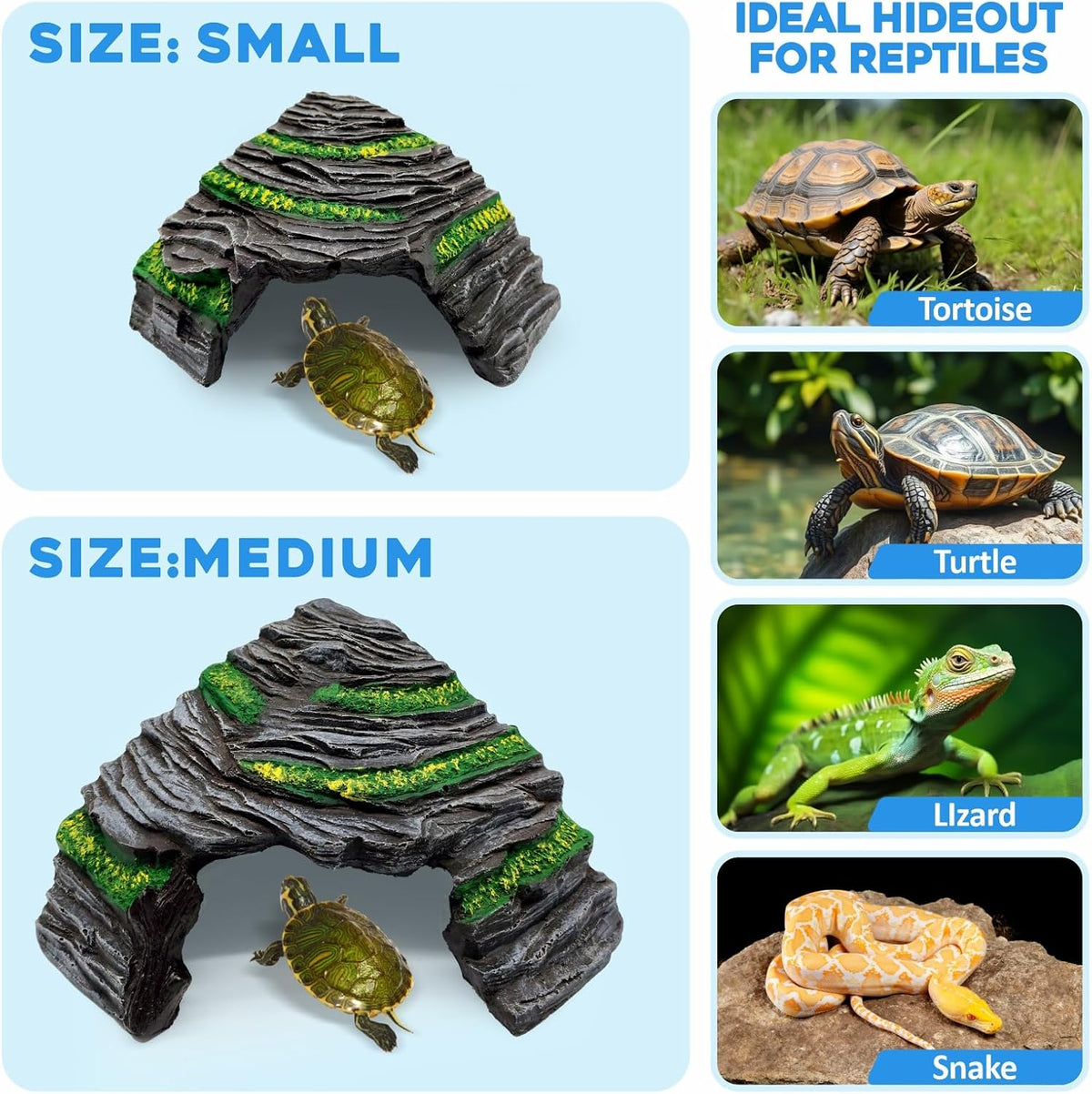 Reptile Hideout Cave,Turtle Tank Accessories Decor,Basking Platform for Bearded Dragon,Snake and Leopard Gecko.(Grey Hill-M-Kit)