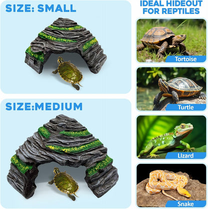 Reptile Hideout Cave,Turtle Tank Accessories Decor,Basking Platform for Bearded Dragon,Snake and Leopard Gecko.(Grey Hill-M-Kit)