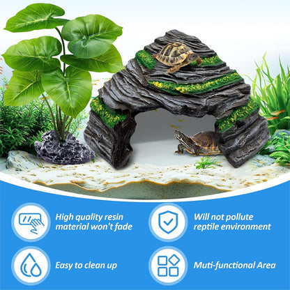 Reptile Hideout Cave,Turtle Tank Accessories Decor,Basking Platform for Bearded Dragon,Snake and Leopard Gecko.(Grey Hill-M-Kit)