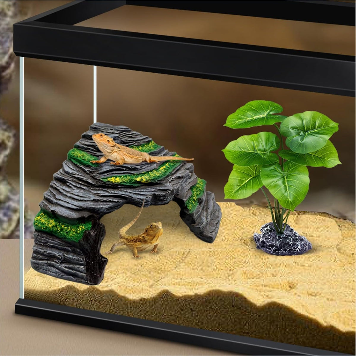 Reptile Hideout Cave,Turtle Tank Accessories Decor,Basking Platform for Bearded Dragon,Snake and Leopard Gecko.(Grey Hill-M-Kit)