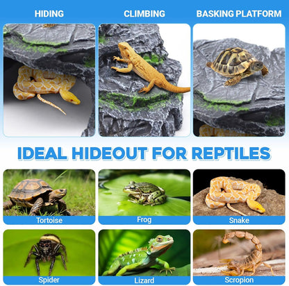 Reptile Hideout Cave,Turtle Tank Accessories Decor,Basking Platform for Bearded Dragon,Snake and Leopard Gecko.(Grey Hill-M-Kit)