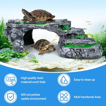 Reptile Hideout Cave,Turtle Tank Accessories Decor,Basking Platform for Bearded Dragon,Snake and Leopard Gecko.(Grey Hill-M-Kit)