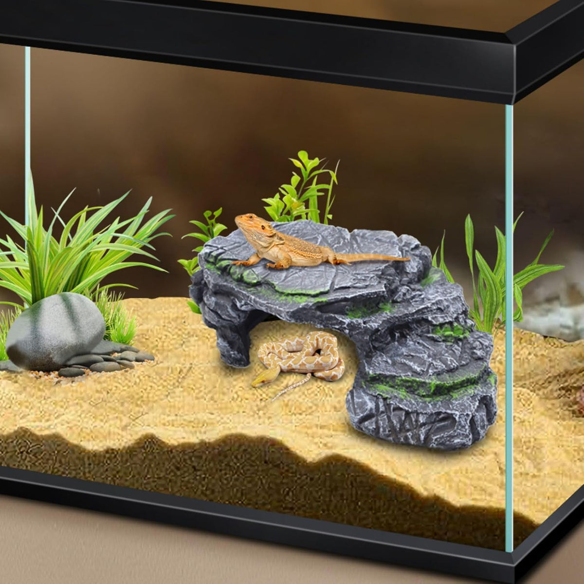 Reptile Hideout Cave,Turtle Tank Accessories Decor,Basking Platform for Bearded Dragon,Snake and Leopard Gecko.(Grey Hill-M-Kit)