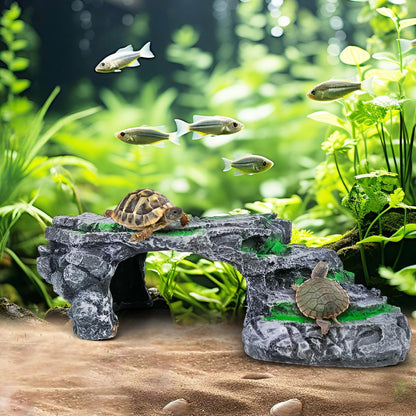 Reptile Hideout Cave,Turtle Tank Accessories Decor,Basking Platform for Bearded Dragon,Snake and Leopard Gecko.(Grey Hill-M-Kit)