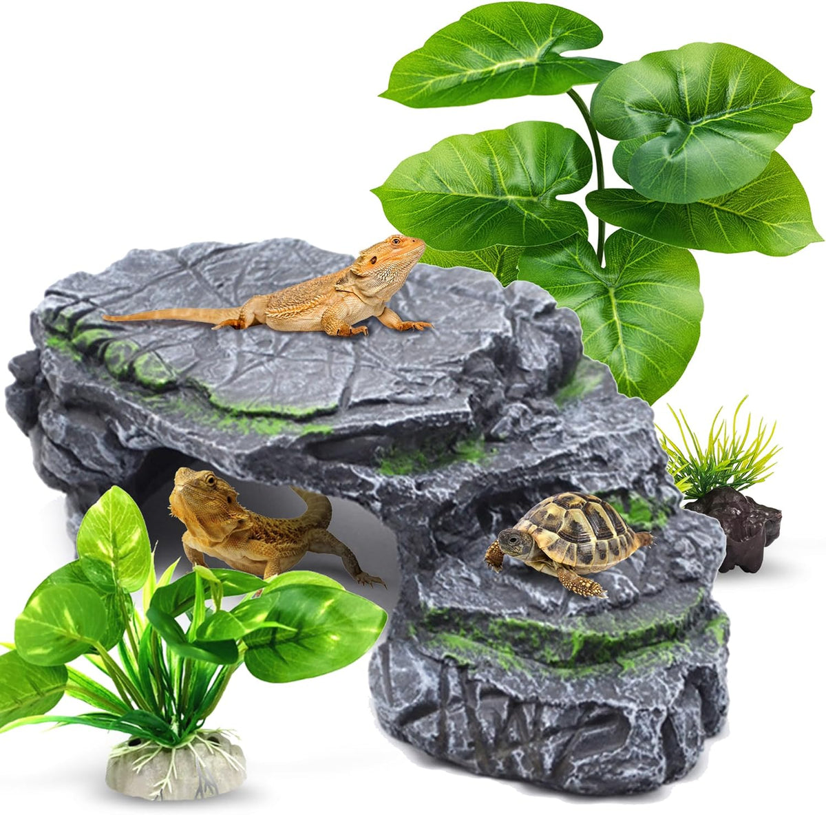 Reptile Hideout Cave,Turtle Tank Accessories Decor,Basking Platform for Bearded Dragon,Snake and Leopard Gecko.(Grey Hill-M-Kit)