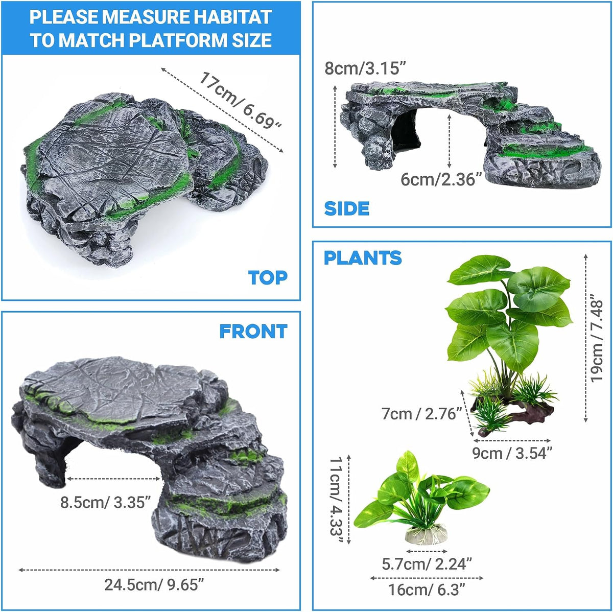 Reptile Hideout Cave,Turtle Tank Accessories Decor,Basking Platform for Bearded Dragon,Snake and Leopard Gecko.(Grey Hill-M-Kit)