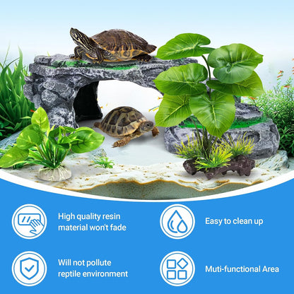 Reptile Hideout Cave,Turtle Tank Accessories Decor,Basking Platform for Bearded Dragon,Snake and Leopard Gecko.(Grey Hill-M-Kit)