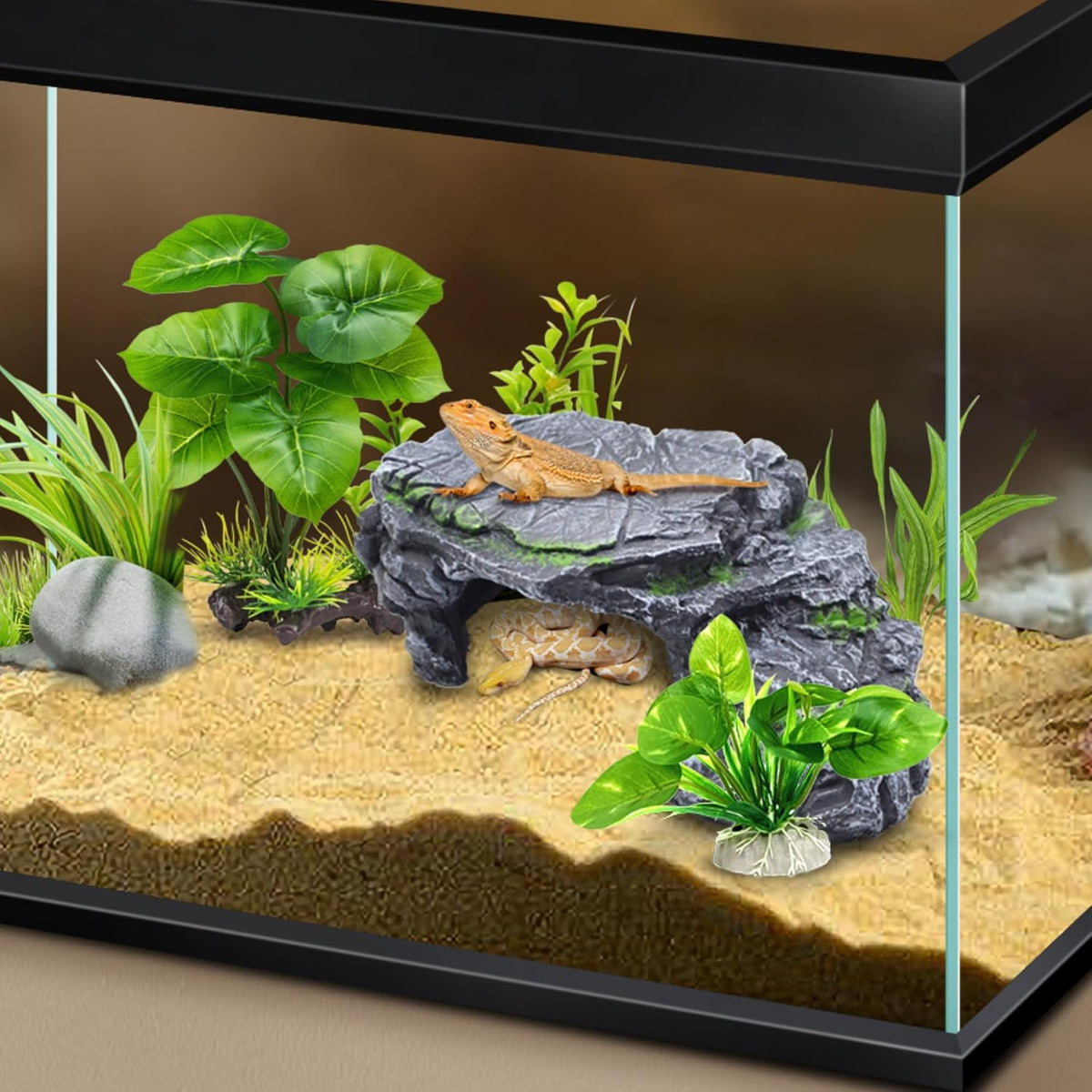 Reptile Hideout Cave,Turtle Tank Accessories Decor,Basking Platform for Bearded Dragon,Snake and Leopard Gecko.(Grey Hill-M-Kit)