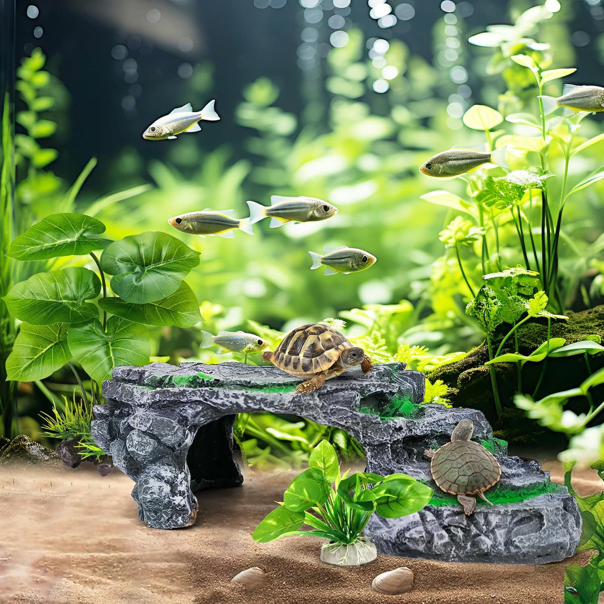 Reptile Hideout Cave,Turtle Tank Accessories Decor,Basking Platform for Bearded Dragon,Snake and Leopard Gecko.(Grey Hill-M-Kit)