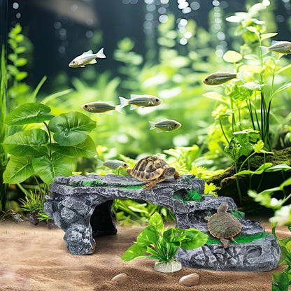Reptile Hideout Cave,Turtle Tank Accessories Decor,Basking Platform for Bearded Dragon,Snake and Leopard Gecko.(Grey Hill-M-Kit)