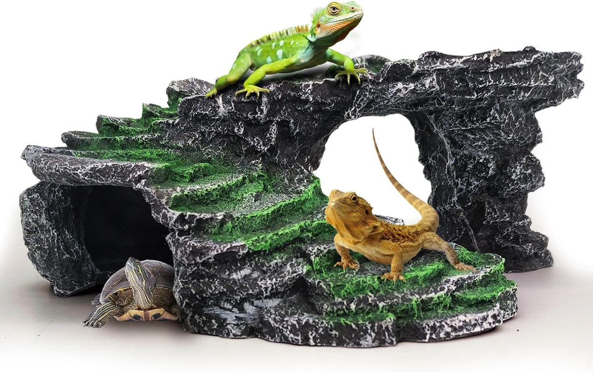 Reptile Hideout Cave,Turtle Tank Accessories Decor,Basking Platform for Bearded Dragon,Snake and Leopard Gecko.(Grey Hill-M-Kit)