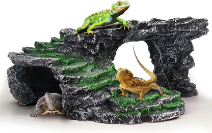 Reptile Hideout Cave,Turtle Tank Accessories Decor,Basking Platform for Bearded Dragon,Snake and Leopard Gecko.(Grey Hill-M-Kit)