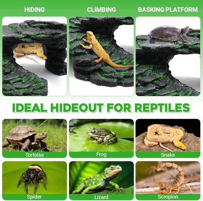 Reptile Hideout Cave,Turtle Tank Accessories Decor,Basking Platform for Bearded Dragon,Snake and Leopard Gecko.(Grey Hill-M-Kit)