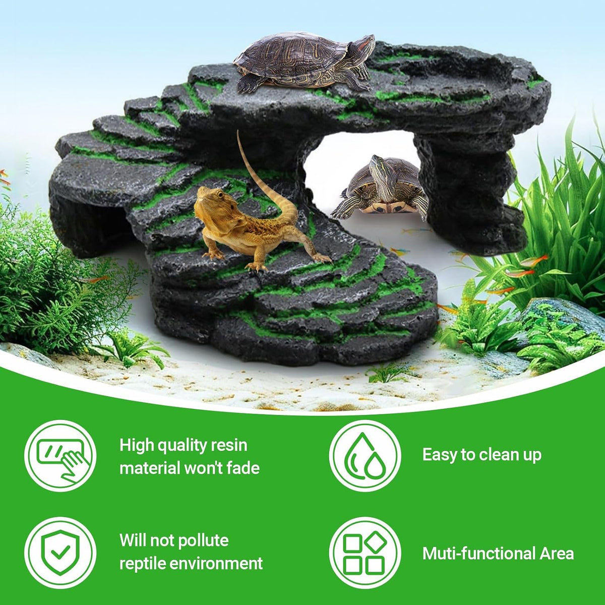 Reptile Hideout Cave,Turtle Tank Accessories Decor,Basking Platform for Bearded Dragon,Snake and Leopard Gecko.(Grey Hill-M-Kit)